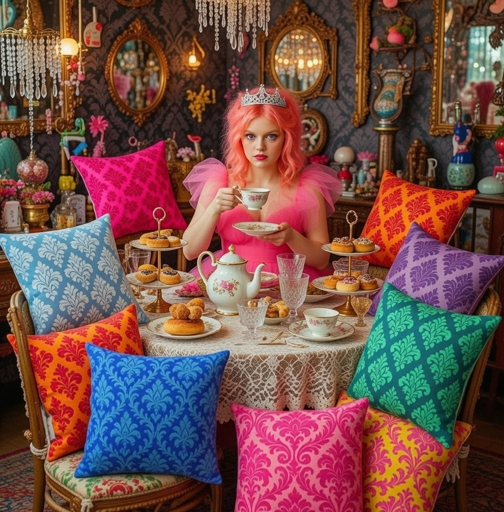 Savage Wallflower has high tea surrounded by her brightly coloured Neon Victoriana cushion designs.